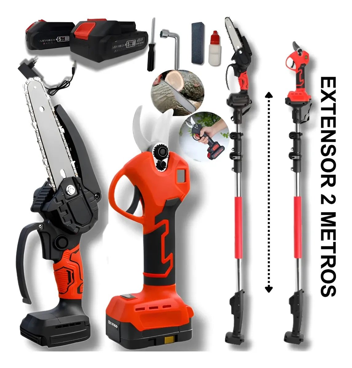 Kit Motosserra Sem Fio Tesoura Poda E Extensor 25m Completo 1