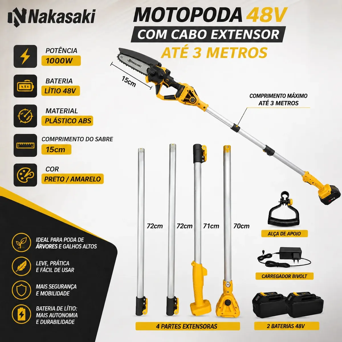 Podador Nakasaki Nk 62131 De Galhos Serra Eletrica Bateria 48v Extensor Preto amarelo